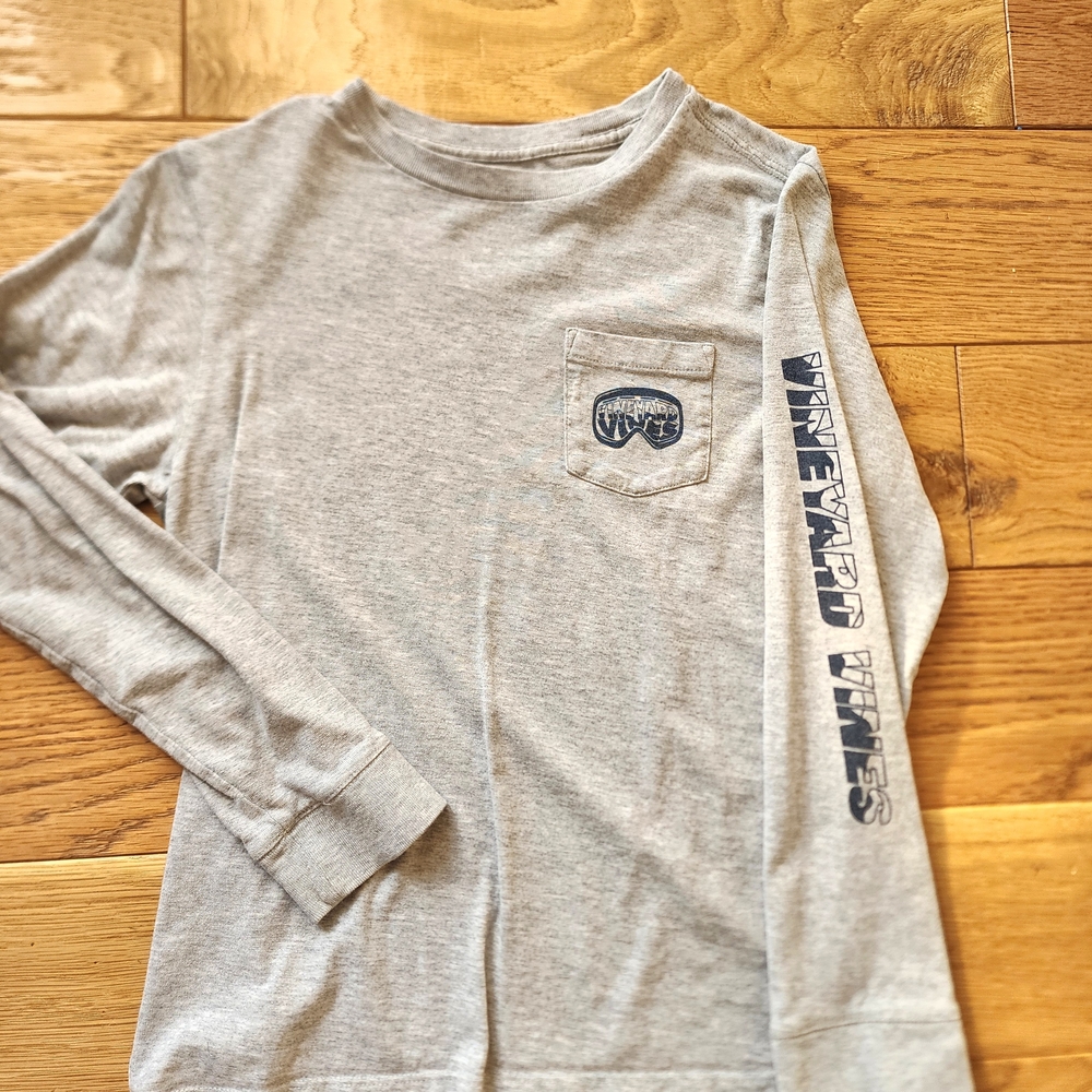 Vineyard Vines Gray Long Sleeve Kids Tee with Navy Print
